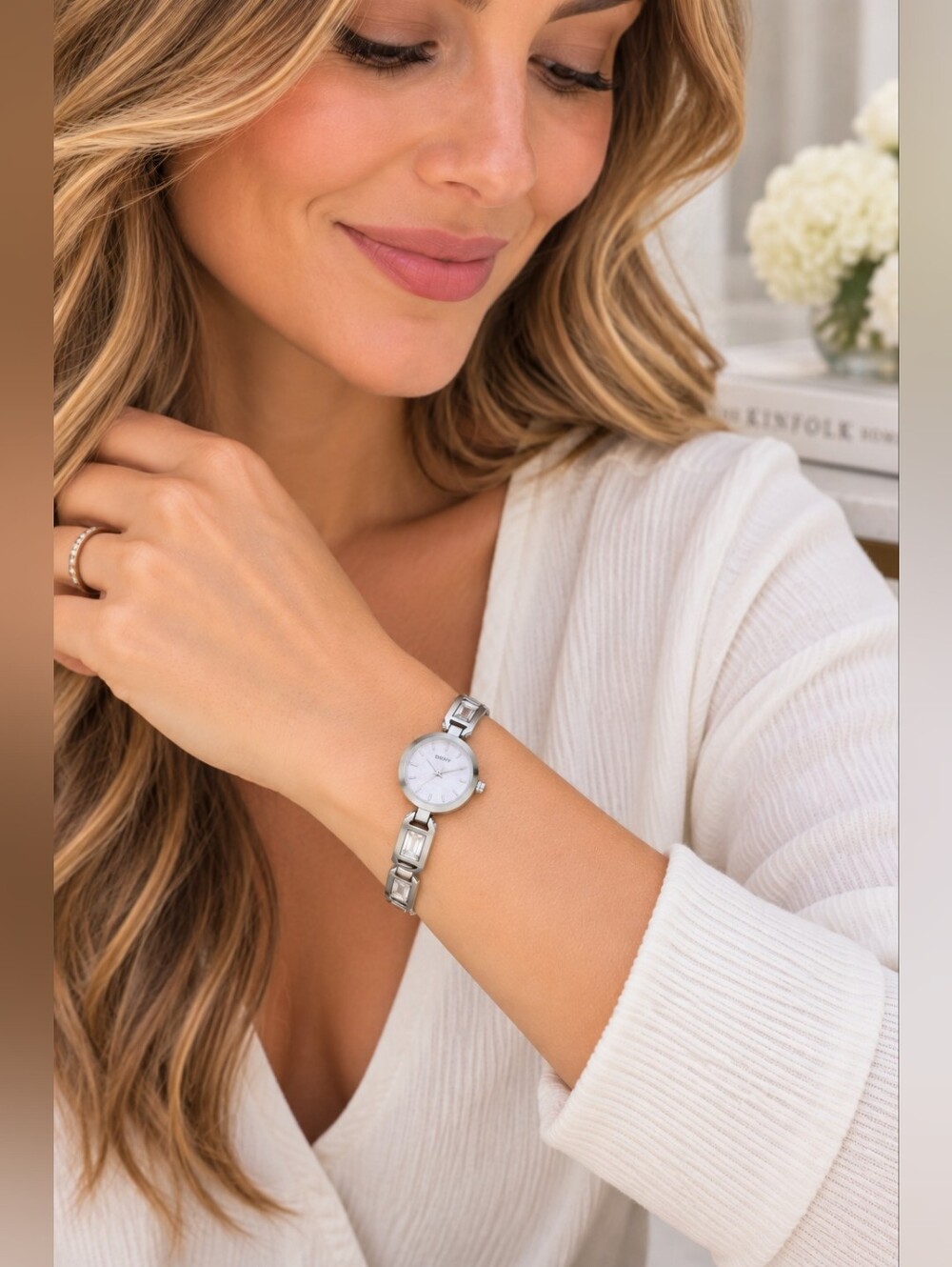 DKNY Silver Crystal Bracelet Watch Mother of Pearl Dial